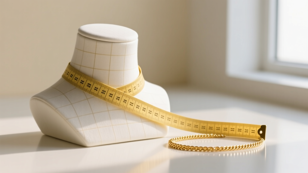 Close-up of a soft yellow measuring tape wrapped around a mannequin neck, with a delicate 18k gold rope chain resting beside it.