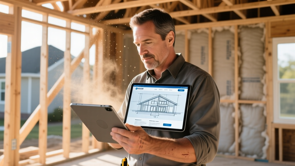 Modern construction business owner reviewing a digital blueprint of a new company website on a tablet at a dusty residential framing job site.
