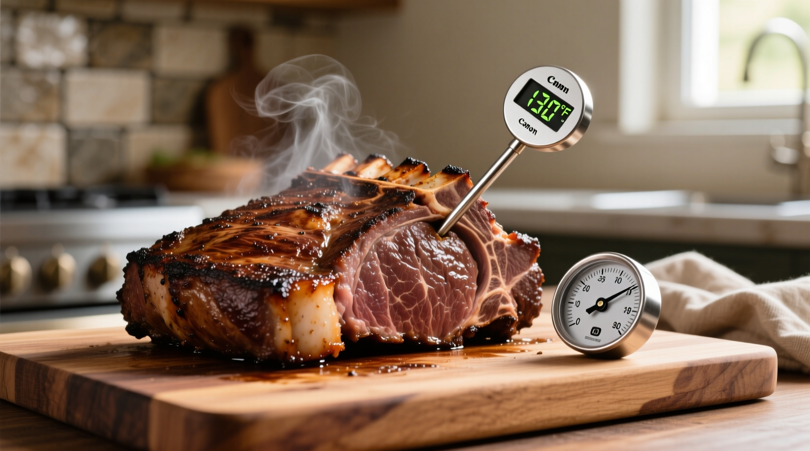 Prime rib roast with meat thermometer showing 130 degrees