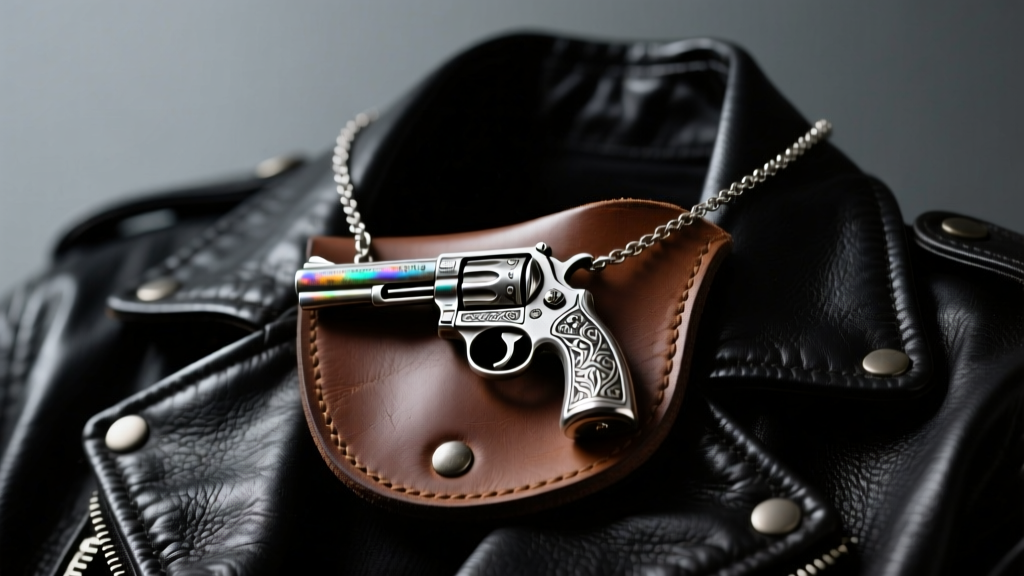 Close-up of a detailed oxidized sterling silver gun in holster necklace resting on a worn leather jacket, moody studio lighting