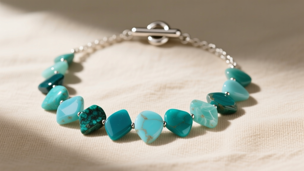 Turquoise chip necklace on beige linen, showcasing varied blue-green stones and a sterling silver toggle clasp in soft daylight.