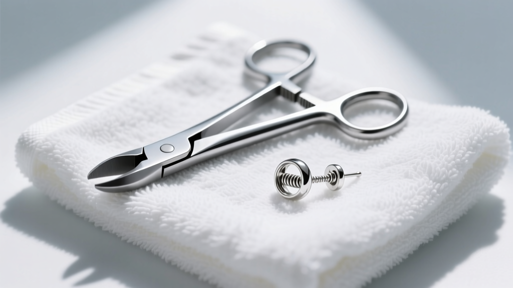 Steel hemostat pliers on a white towel next to a removed silver friction back earring clutch under bright clinical lighting setup