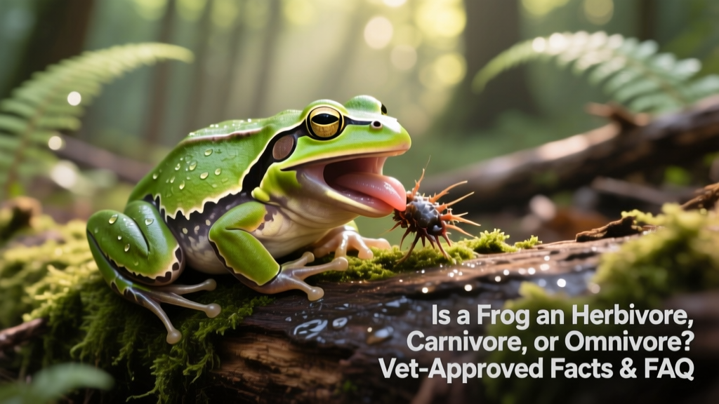 A close-up of a wild green frog perched on a mossy log, mouth slightly open, highlighting its feeding posture