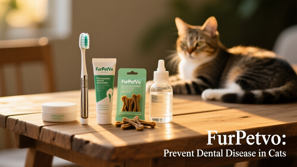 Assortment of FurPetVo dental care products: toothbrush, toothpaste, dental treats, and water additive bottle