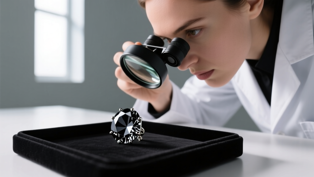 Jeweler using a 10x loupe to inspect a black diamond earring, revealing microscopic surface pitting and dark carbon inclusions.