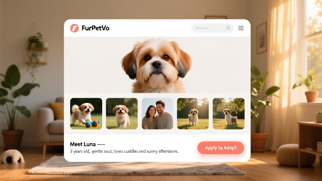 Screenshot-style image showing a FurPetVo profile page for a Shih Tzu, with photo gallery, bio section, and 'Apply to Adopt' button