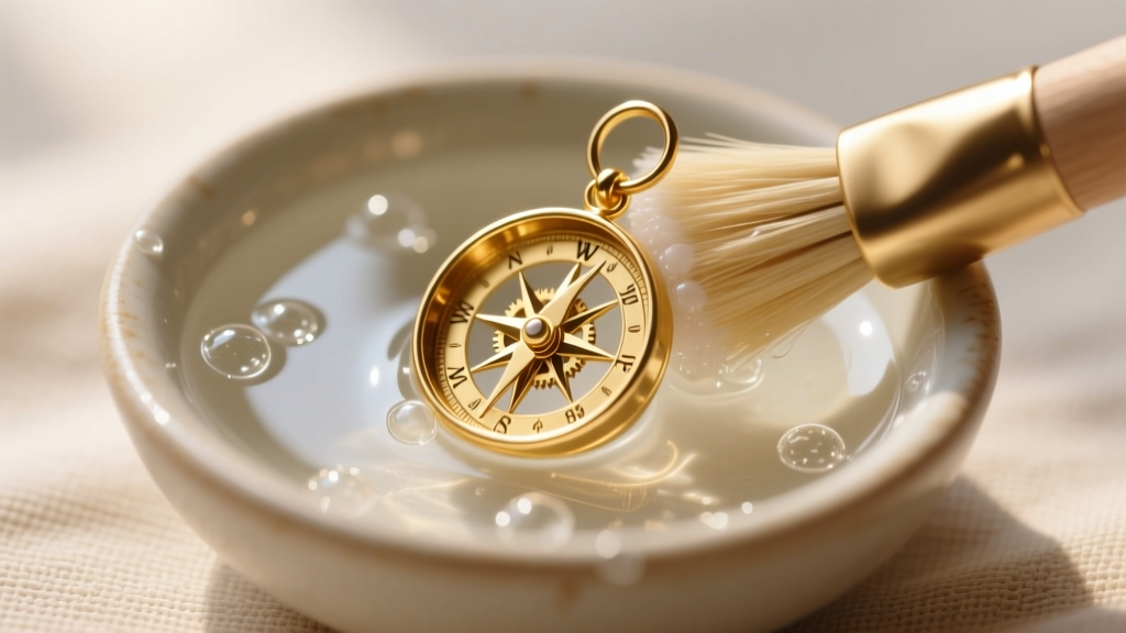 Soft brush gently cleaning the crevices of a gold vermeil compass earring submerged in a small ceramic bowl of mild soapy water