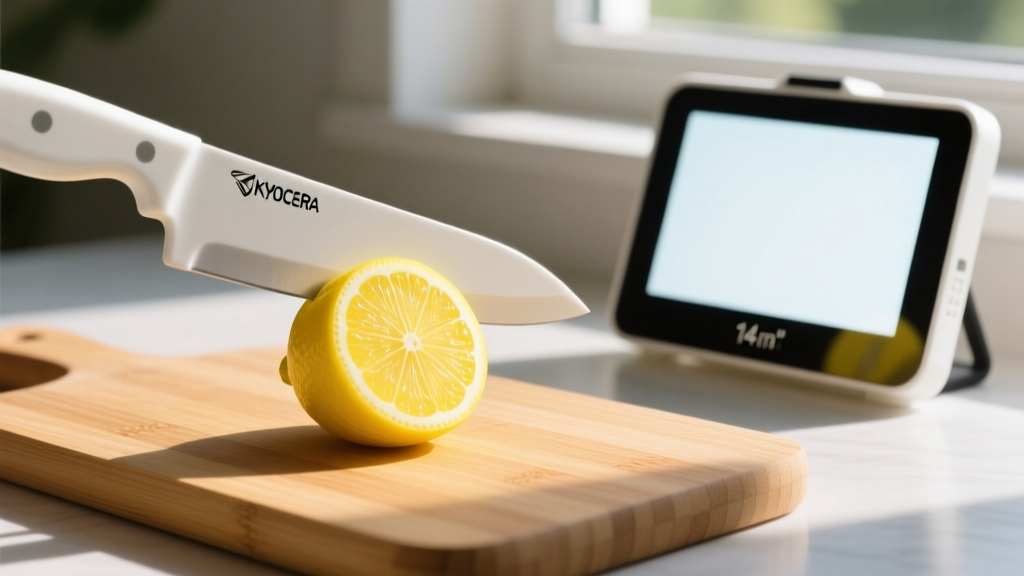 Hands slicing a bright yellow lemon with a white Kyocera ceramic paring knife on a bamboo cutting board next to a glowing 14-inch portable outdoor monitor