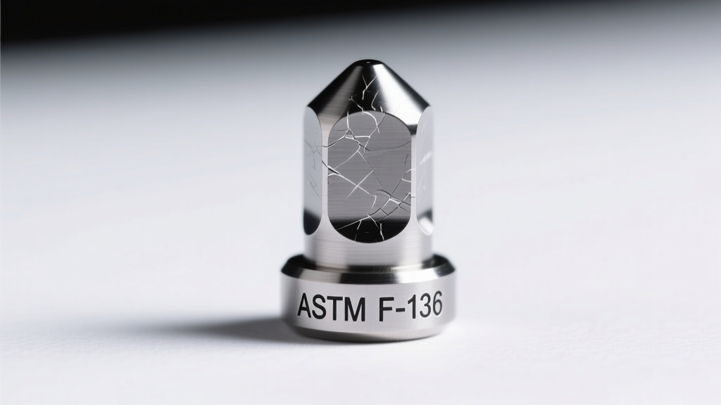 Macro photo of an ASTM F-136 titanium earring post with laser-engraved grade stamp, lit by soft studio lighting on a white surface.