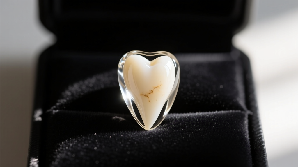 Macro photograph of a small ivory-colored pet tooth encased in crystal-clear jewelry resin, resting on a dark velvet display pad.