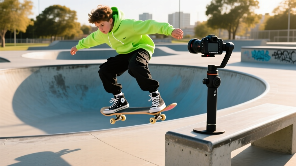 Teenager skateboarding in a concrete park while an Insta360 Flow 2 gimbal on a nearby bench automatically tracks their movement via AI.