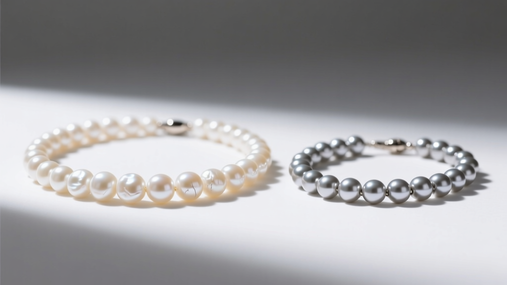 Chalky low-grade fresh water pearl necklace beside a metallic Edison pearl strand under bright directional jewelry lighting.