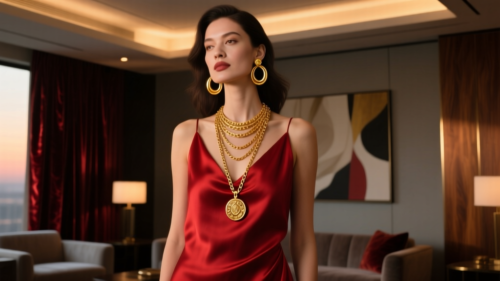 Woman in a crimson dress wearing a layered 18k gold pendant necklace and thick hoop earrings under warm, dim lounge lighting.