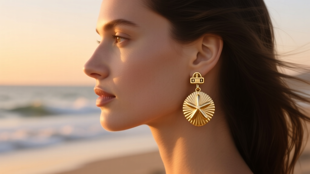Side profile of a woman wearing medium gold vermeil sand dollar drop earrings, showing secure locking backing, soft beach sunset light