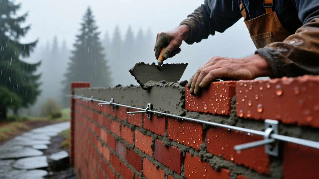 Mason troweling Type N mortar on a red clay brick wall with seismic metal ties visible against a rainy Oregon backdrop
