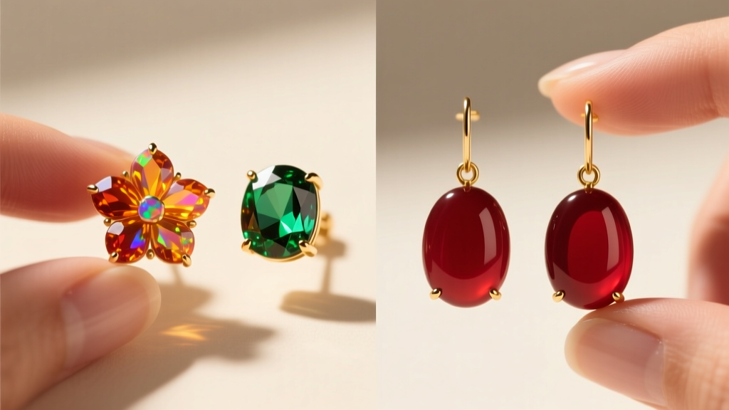 Comparison of translucent fire opal floral studs and opaque carnelian cabochon dangle earrings under bright, warm studio light