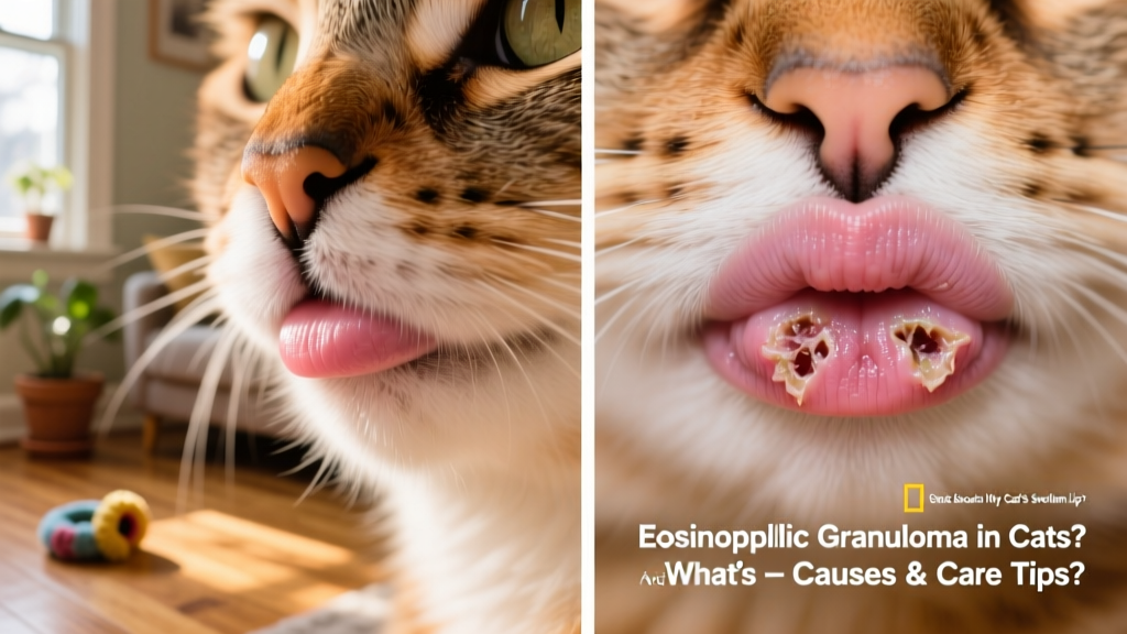 Side-by-side comparison showing normal cat lip versus lip affected by eosinophilic granuloma