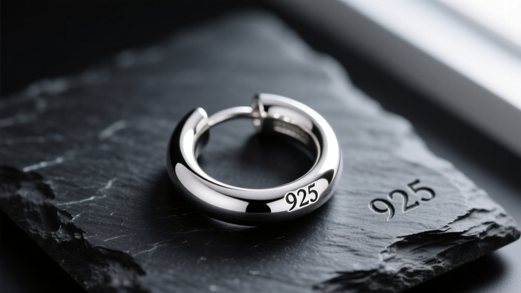 Macro photography of a 925 sterling silver huggie hoop earring resting on dark slate, highlighting the stamped hallmark.