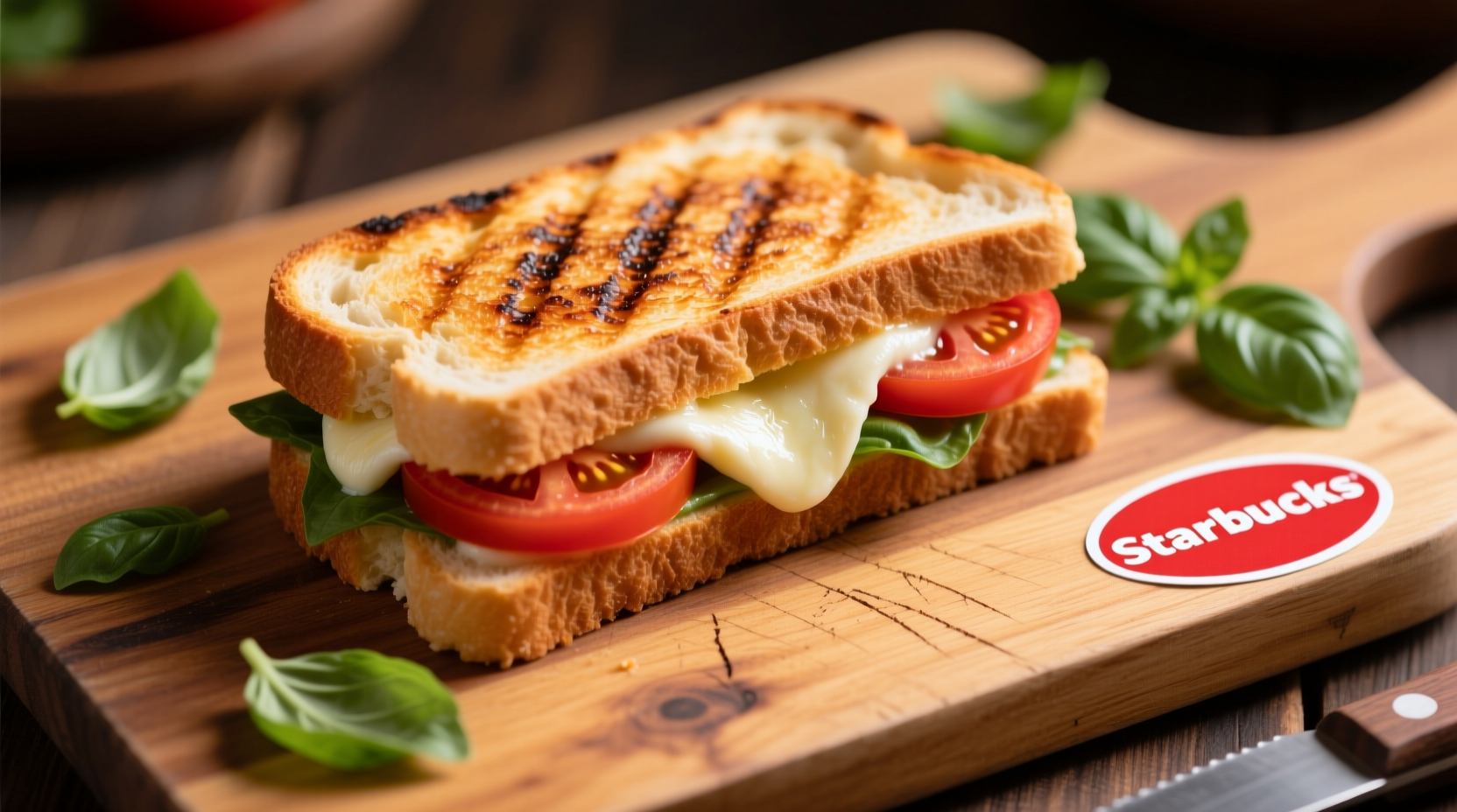 Starbucks tomato mozzarella panini on wooden board