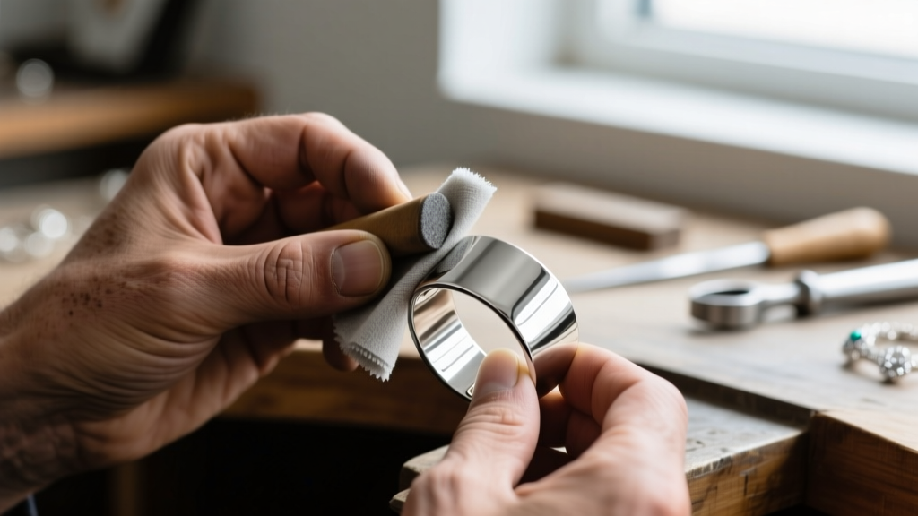 Close-up of a jeweler using a treated micro-abrasive polishing cloth to buff a high-polish rhodium-plated sterling silver cuff
