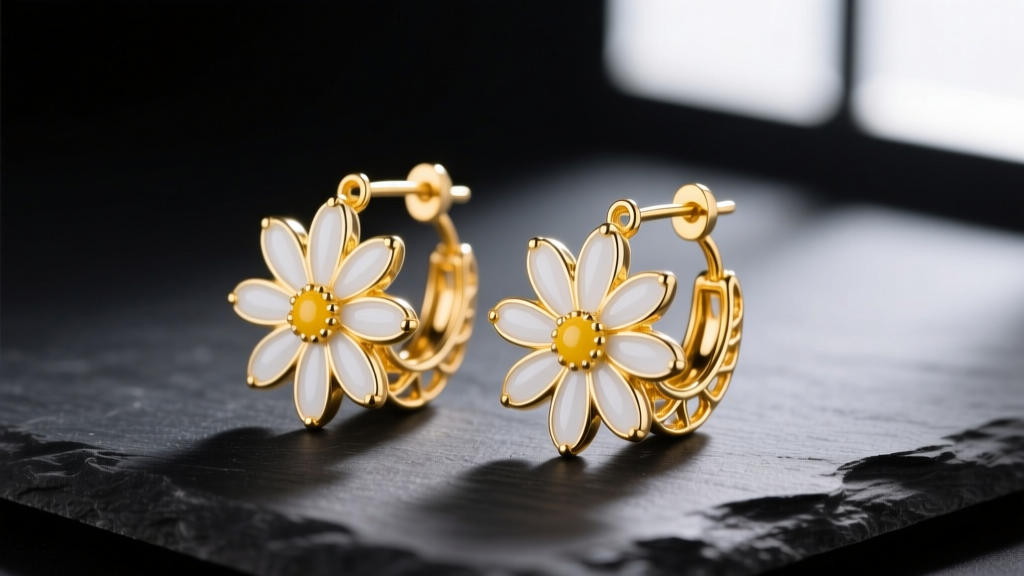 Macro photography of 14k yellow gold daisy hoop earrings with vitreous white enamel petals, resting on a dark slate surface