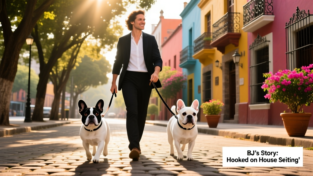 BJ walking two French Bulldogs along a tree-lined street in Mexico City