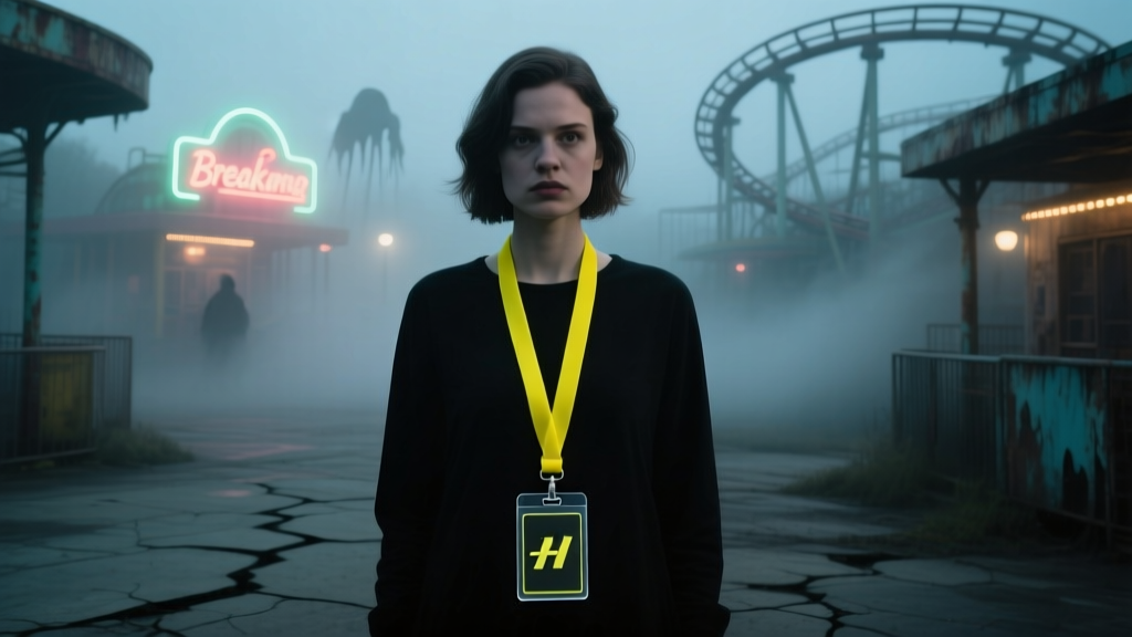 Guest wearing a yellow breakaway silicone lanyard with an acrylic badge, standing in a dimly lit, foggy theme park scare zone.