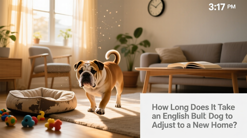 English Bulldog cautiously exploring a quiet living room with soft lighting and a cozy dog bed nearby