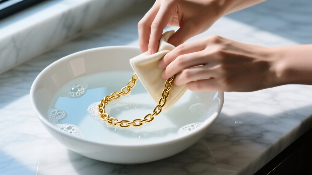 Hands wiping a gold-plated brass chain necklace with a microfiber cloth over a ceramic bowl of soapy water on a marble counter