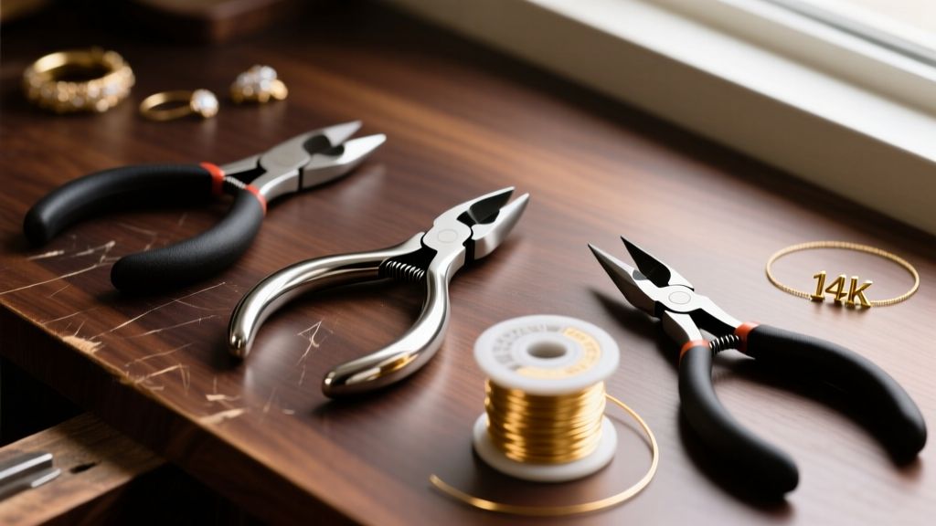 Flat lay of jewelry tools including round nose pliers, wire cutters, and a spool of 14k gold-filled wire on a dark wood workbench.