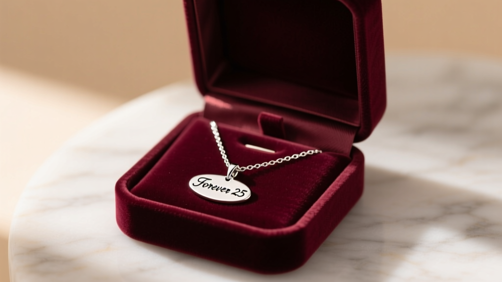 An open velvet jewelry box containing a personalized engraved silver purity necklace, presented as a milestone birthday gift