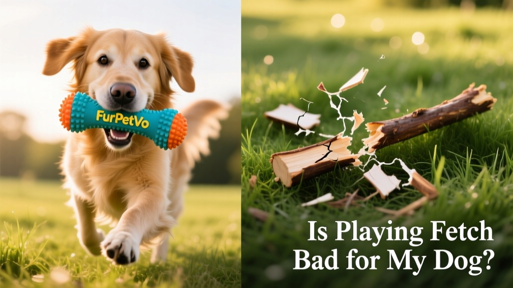 Side-by-side comparison showing a dog carrying a safe FurPetVo rubber fetch toy versus a broken, splintered wooden stick on grass