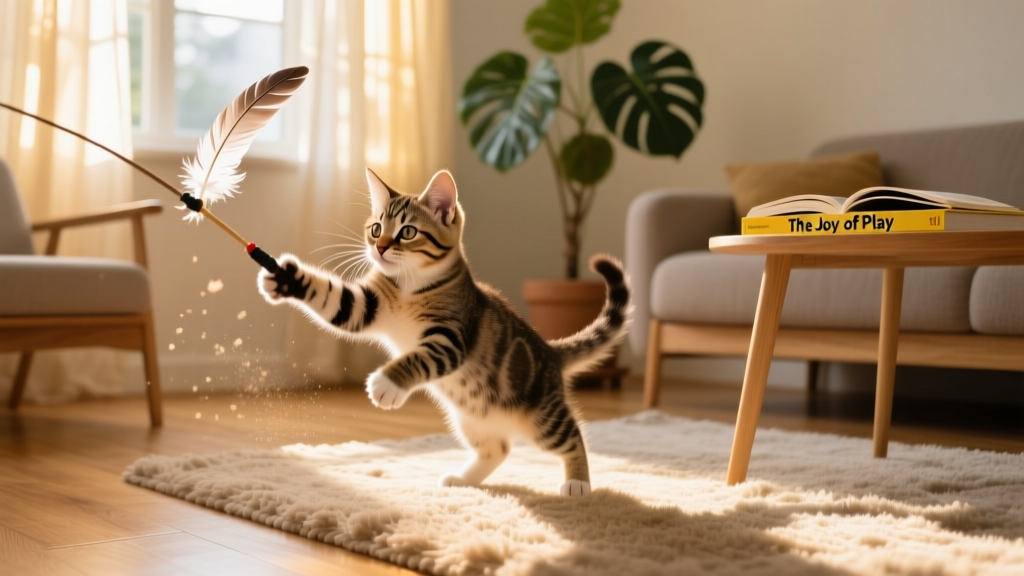 Kitten playfully pouncing on a feather wand toy in a sunlit living room