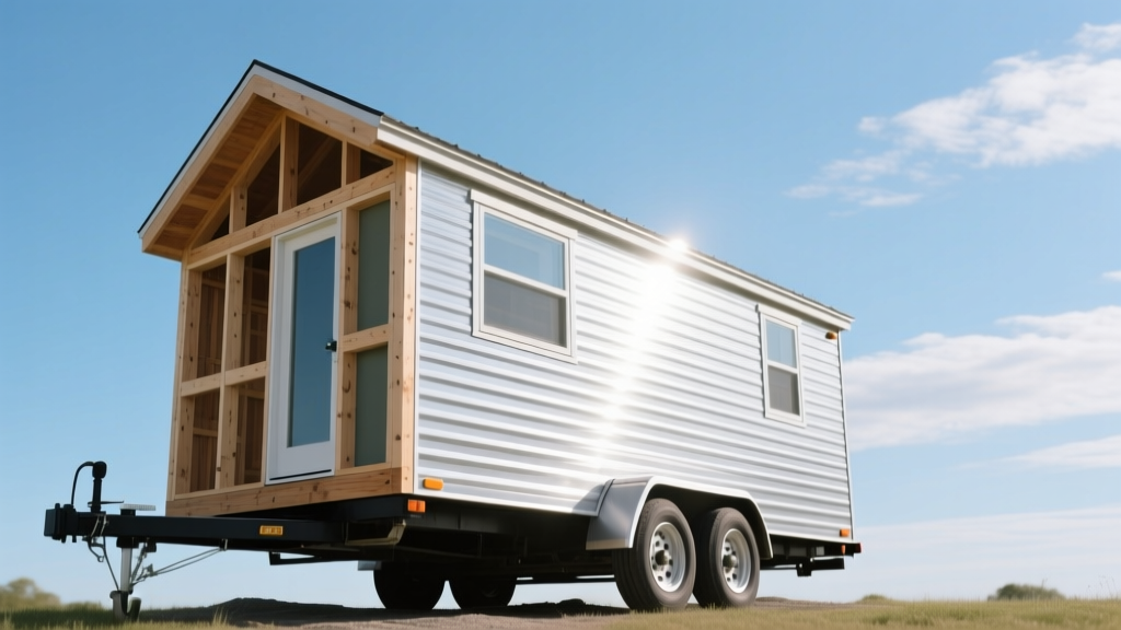 Partially framed tiny house on a dual-axle trailer showing exposed 2x4 studs and silver weather-resistant sheathing under a bright sky
