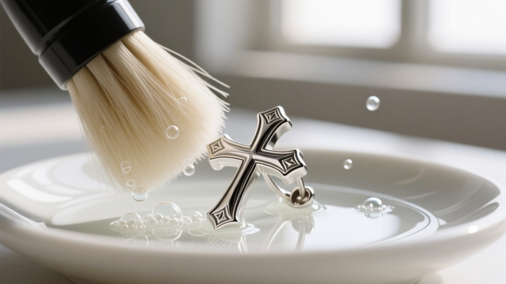 Close-up of an ultra-soft bristle brush gently cleaning a sterling silver mens cross earring submerged in a mild soapy solution