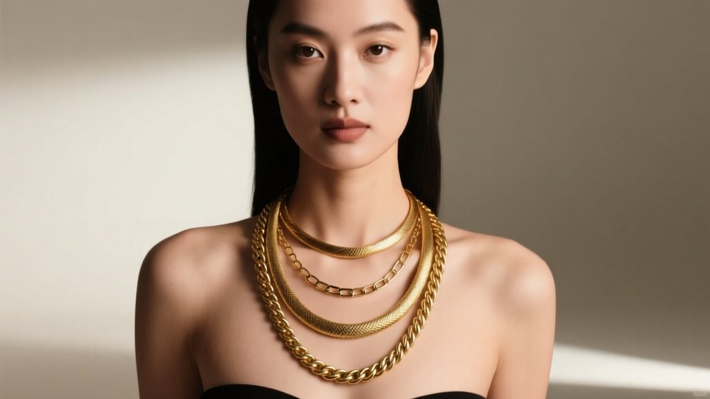 Woman wearing a layered gold necklace stack featuring a 16-inch snake chain, an 18-inch box chain, and a 22-inch rope chain
