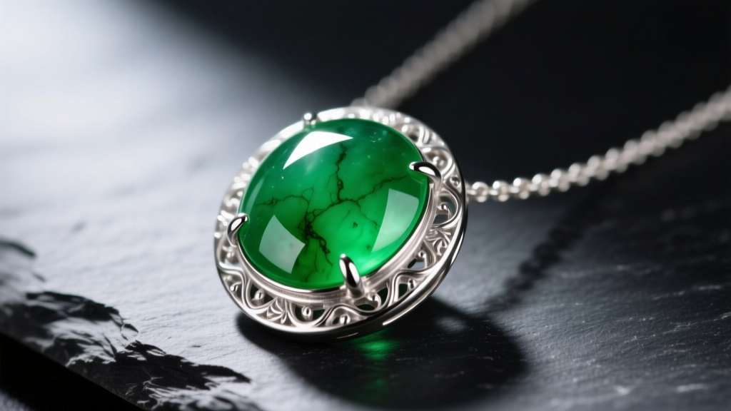Macro photography of a Type A imperial green jadeite cabochon set in a 925 sterling silver bezel necklace resting on dark slate
