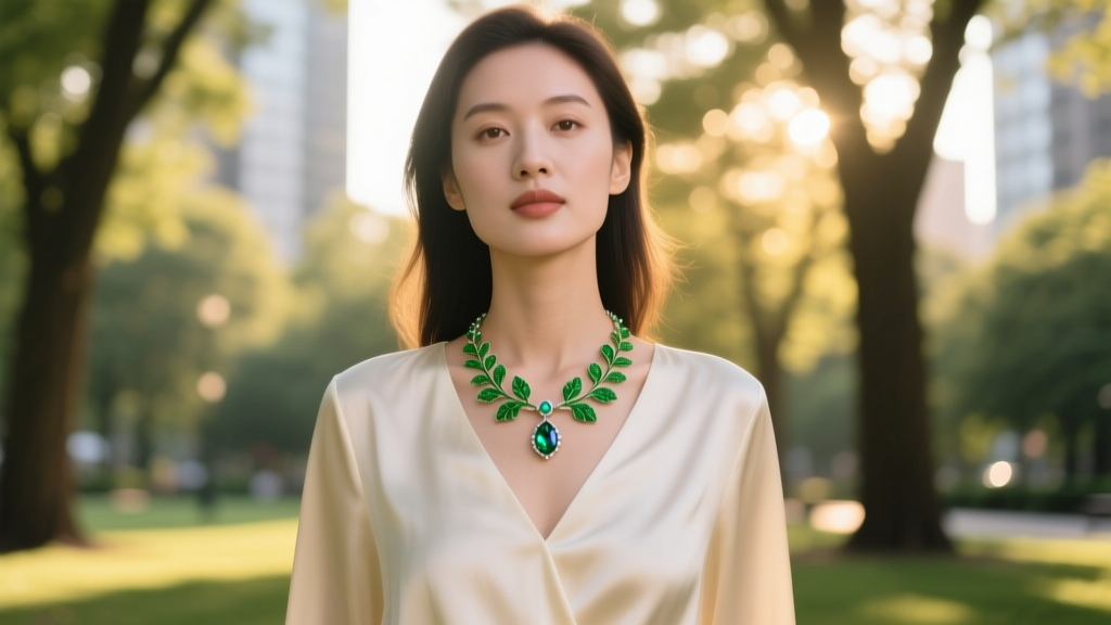 Woman wearing a delicate emerald vine necklace over a cream silk V-neck blouse, standing in a lush park with a blurred background.