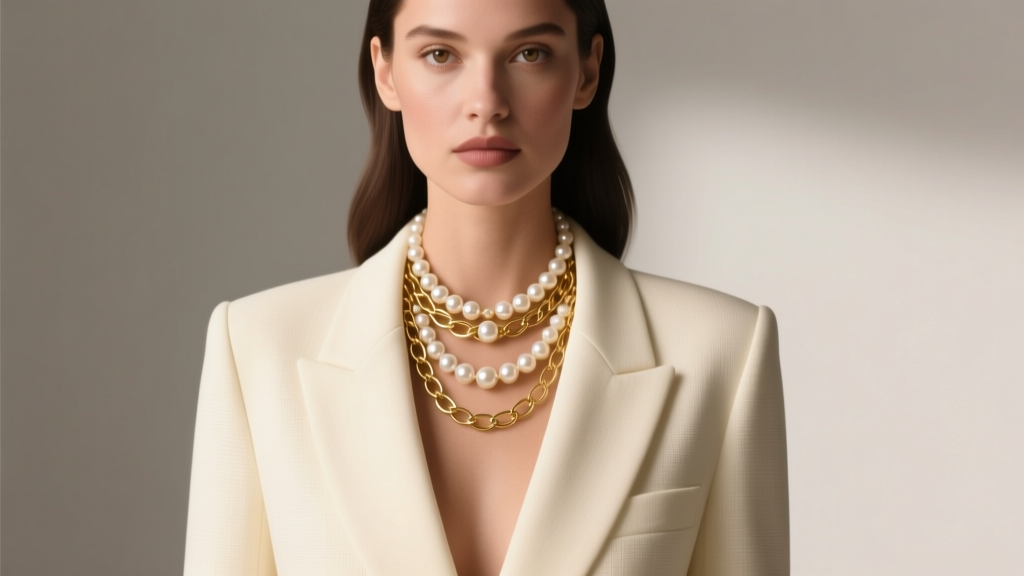 Woman in cream blazer wearing a layered vintage Anne Klein faux pearl and gold-tone chain collar necklace in soft studio light.