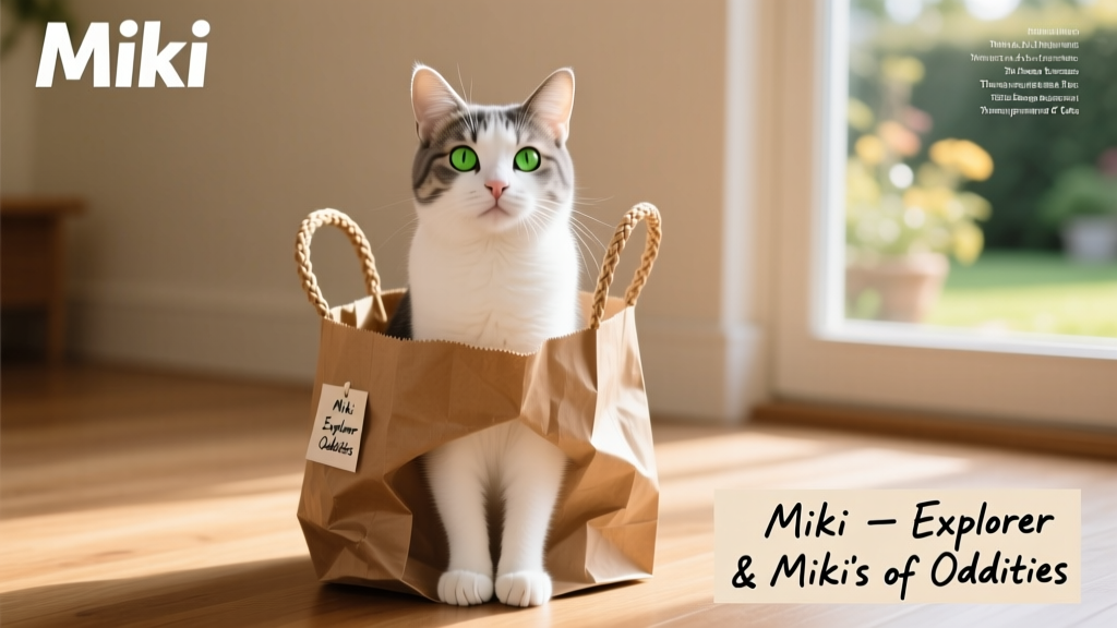 Miki sitting upright inside a small brown paper bag with handles