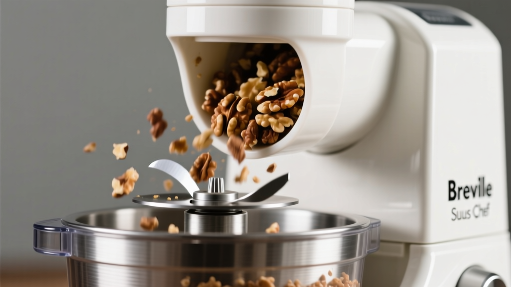 Close-up of Breville Sous Chef food processor S-blade chopping walnuts, highlighting the heavy die-cast metal base and wide feed tube