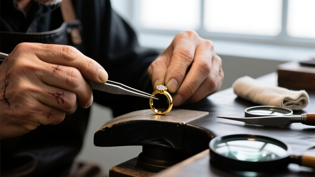 Macro shot of a jeweler's loupe inspecting a broken 1.2mm silver cable chain link near a lobster clasp on a wooden workbench.