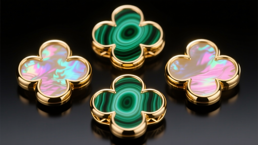 Macro shot of natural malachite banding and iridescent mother-of-pearl set in 18k gold clover bezels under bright bench lighting