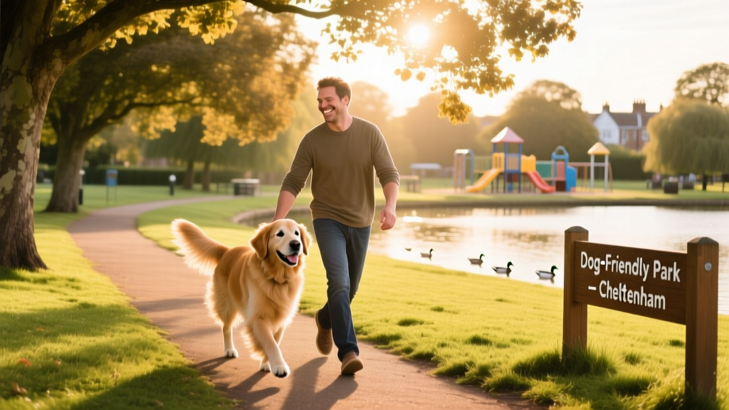 A pet parent and dog enjoying a sunny day in a dog-friendly park in Cheltenham.