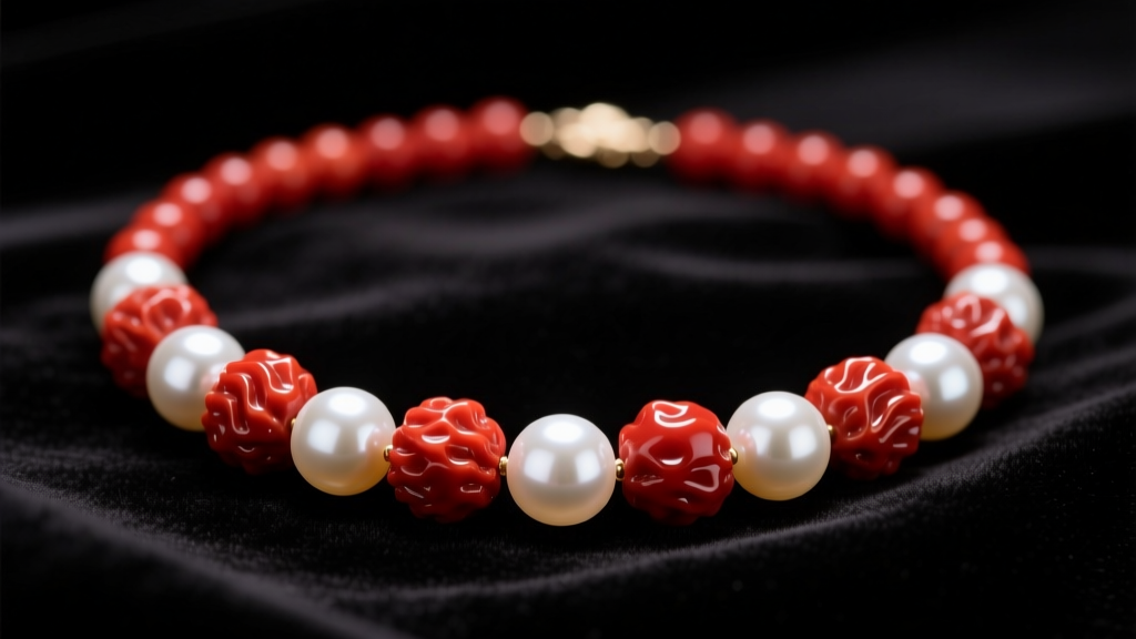Close-up of a 6mm red coral and white freshwater pearl beaded necklace on dark velvet, illuminated by soft studio lighting.