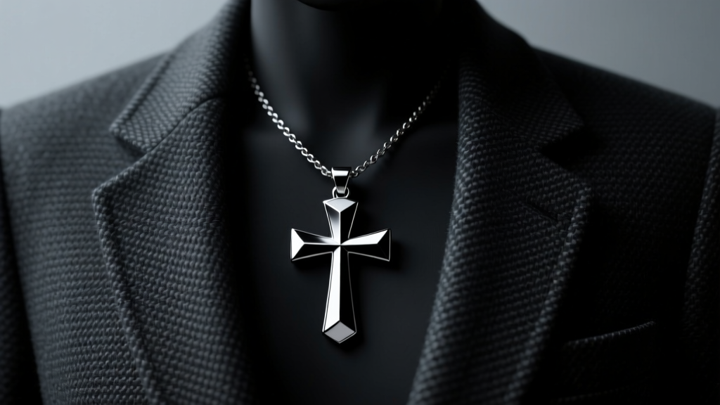 Matte black stainless steel Death Note cross pendant on a dark tweed blazer lapel, illuminated by moody, dramatic studio lighting.