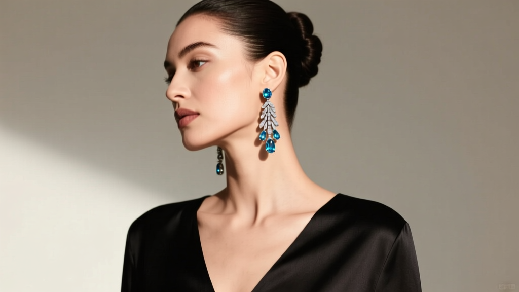 Woman with an updo wearing silver cascade earrings with blue topaz gems, paired with a simple black V-neck top, studio portrait.
