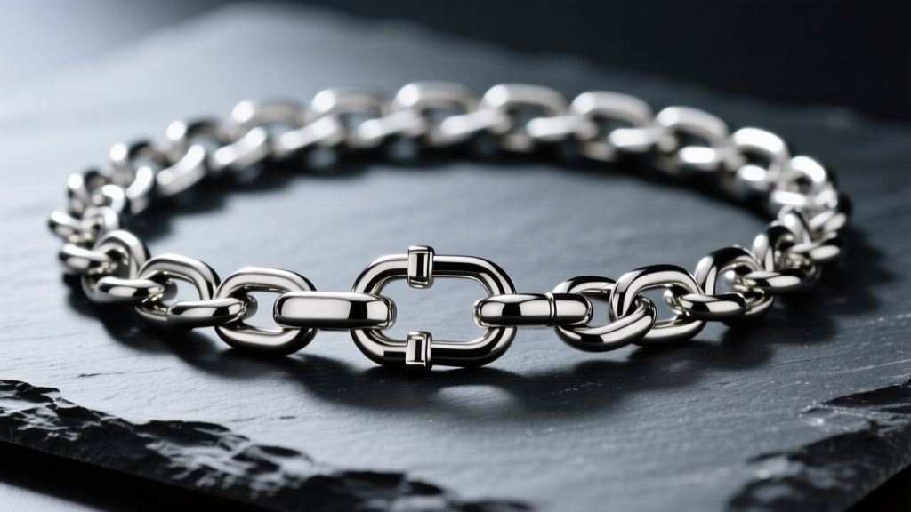 Detailed view of a stainless steel rolo chain with a secure lobster clasp, laid flat on dark slate with soft directional lighting