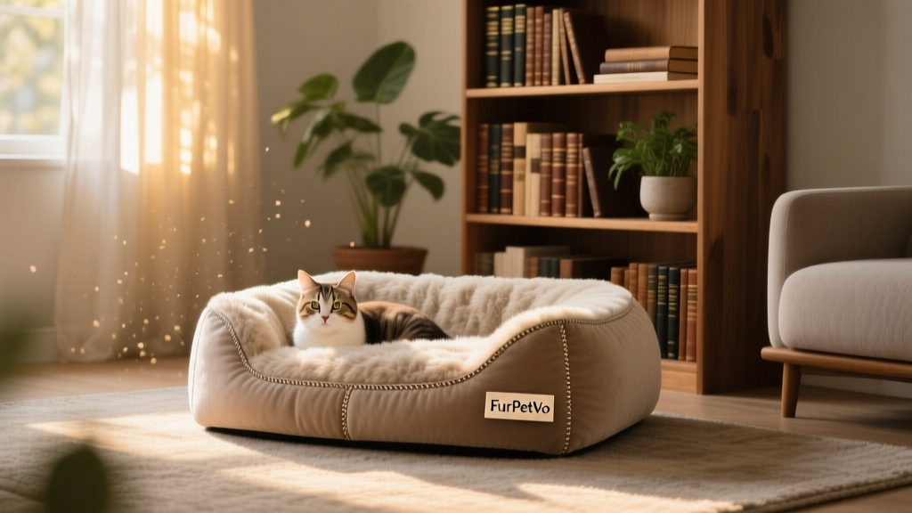 A plush FurPetVo cat bed nestled in a quiet living room corner beside a bookshelf