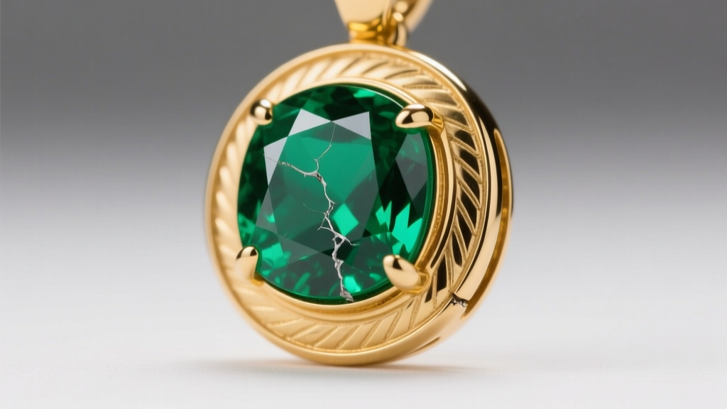 Close-up of a gold bezel on a Colombian emerald pendant, showing a small fracture near the girdle under bright studio lighting